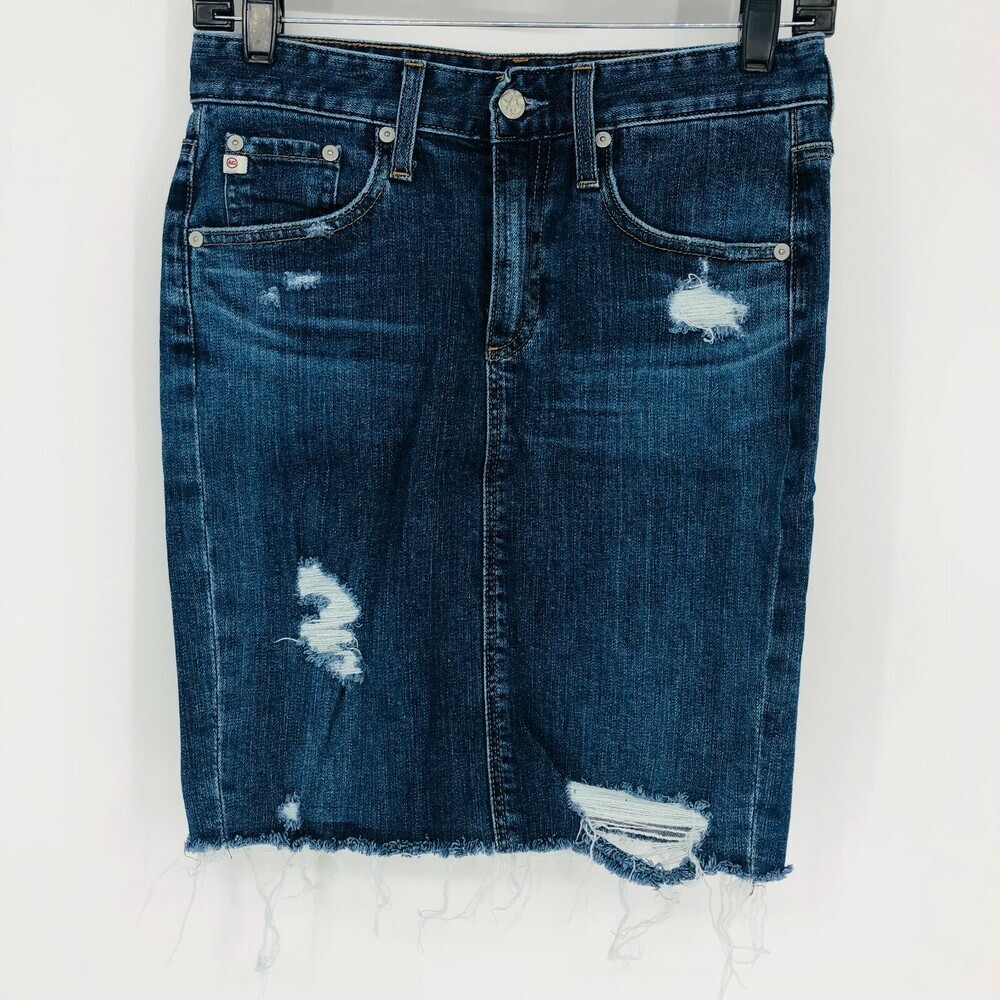 Adriano Goldschmied The Erin Pencil Skirt Distressed Denim Sz 26 Slit Knee Lengt